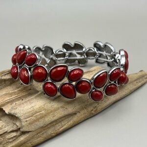 Silver and Red Floral Bracelet